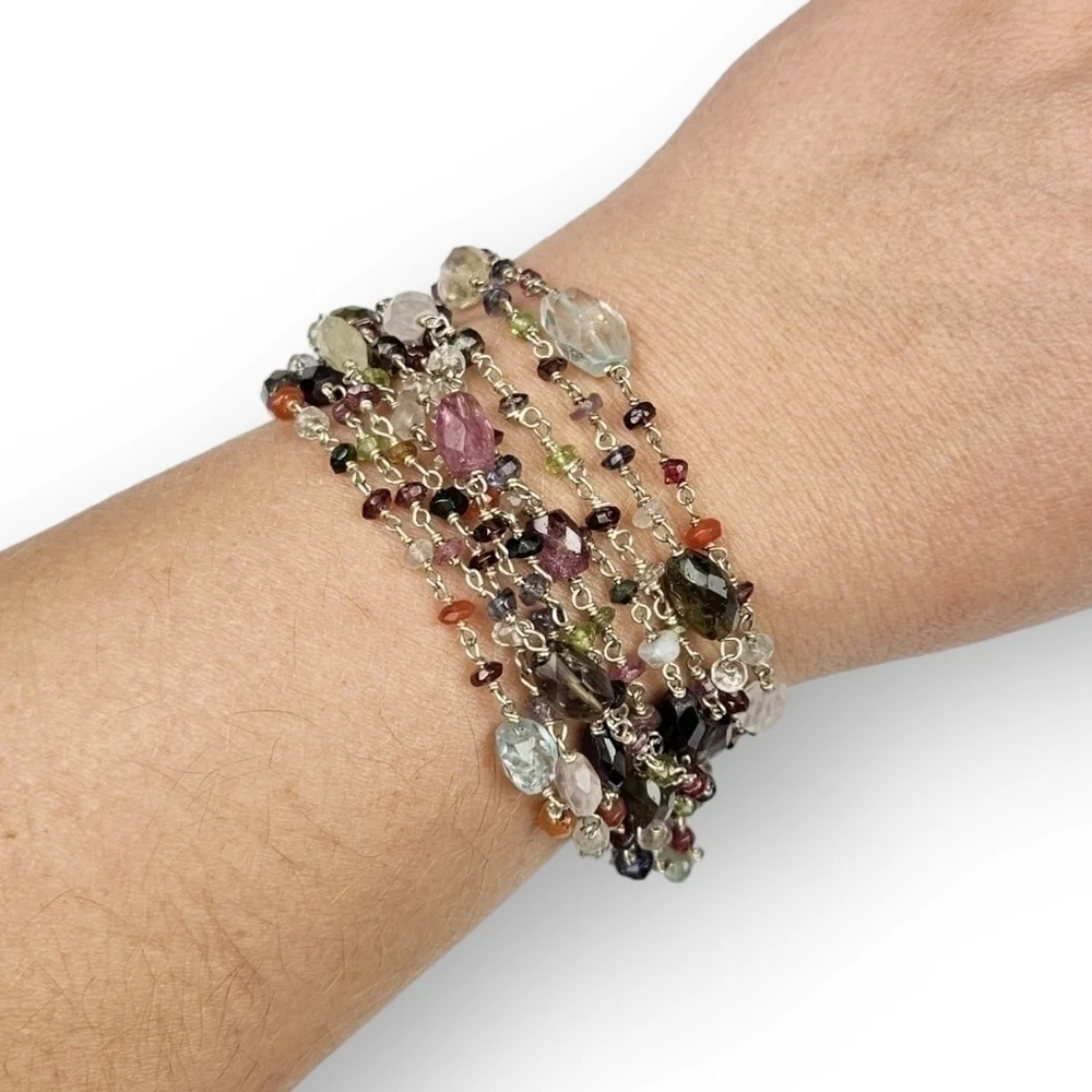 Assorted Gemstone Multi Chain Bracelet Colorful Bead Silver Plated 7.5